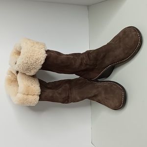 UGG Suede & Sheepskin Tall Wedge  Boots w/ Zippers - Brown - size 9